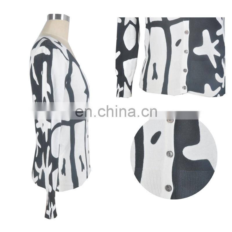 OEM Spring Black And White Pattern Print Fabric Winter Long Women Cardigan
