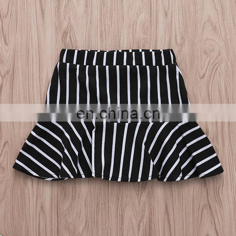 2019 summer girls cotton panda print top tshirt & black white striped pp skirt 2pc set