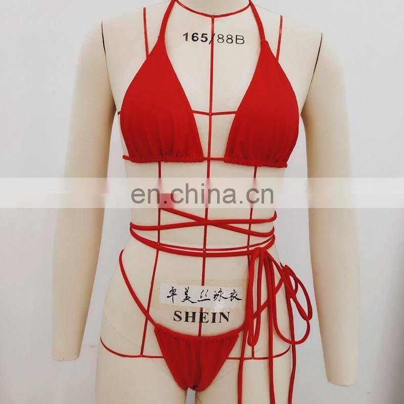Sexy Solid Red Thong Bikini Set Bathing Suit Cross Bandage Hand Push Up Swimwear 2019 Women Padded Low Cut Swimsuit