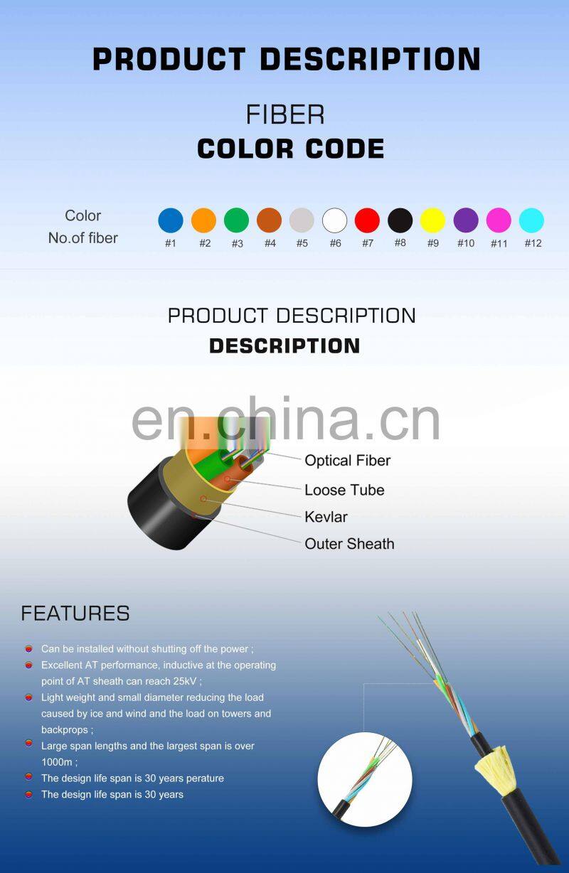 Hunan GL high quality fiber optic adss outdoor 12 core adss fiber optic cable with 7 days fast delivery