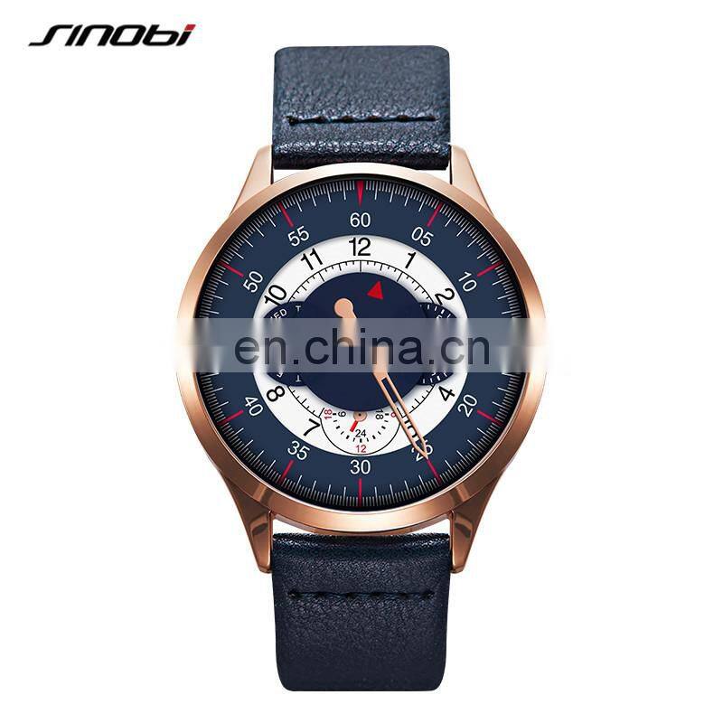 SINOBI Blue Leather Band Wrist Watches S9815G Chronograph Hand Watches Man Hollow Out Pointer Male Watch Montre Homme