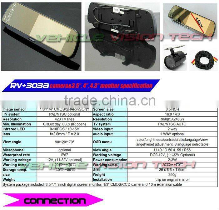 RV-303A 3.5" car rearview mirror monitor Car camera system with digital screen monitor&night vision camera