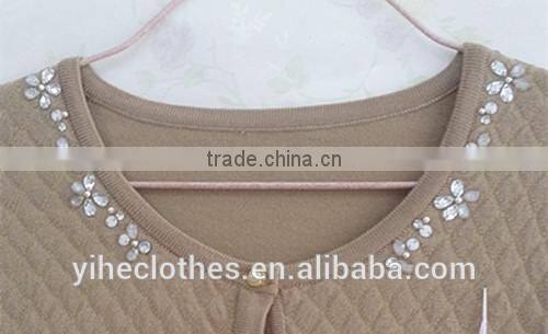 Lady plaid knitting wear beaded long sleeve sweater cardigan