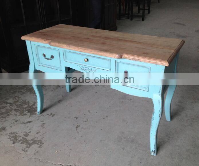 Rustic French Vintage Blue Wood Carved Entryway Console Table