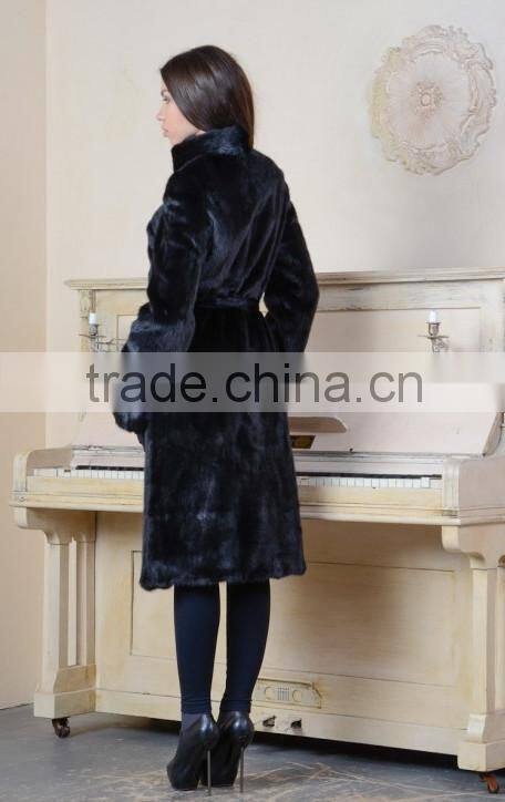emk1446 black knee-length mink fur coats with belt
