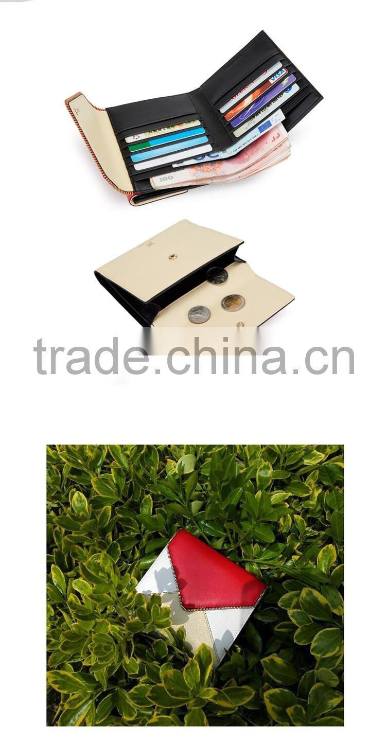 ladies designer wallet with zipper on flap ,color split joint