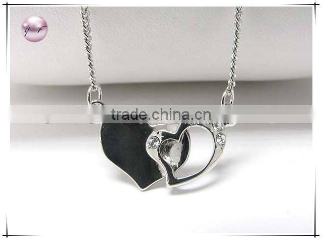 White gold plating crystal stud dual heart link necklace