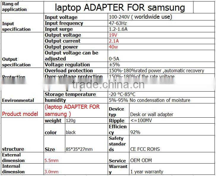 laptop adapter mini for samsung 19V 2.1A 5.5*3.0mm 40W power supply ac dc power charger