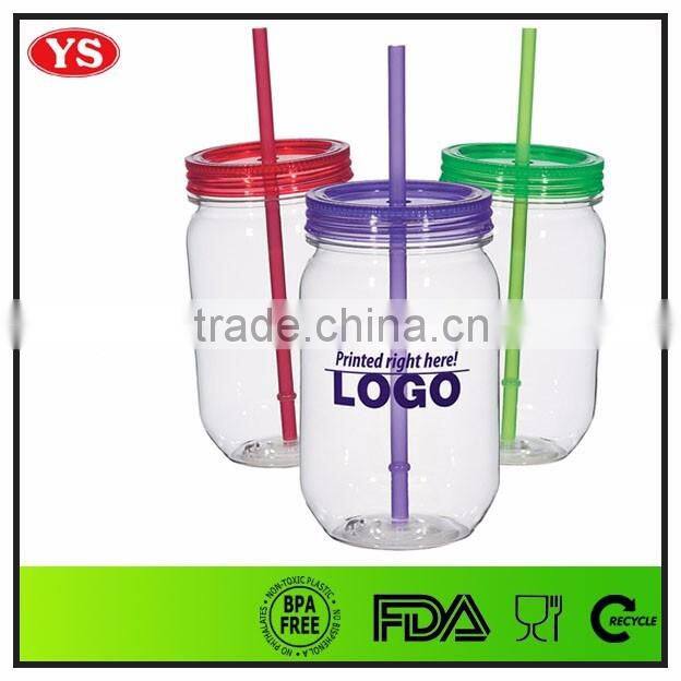 540ml food grade single wall plastic drinking jar with lid and straw
