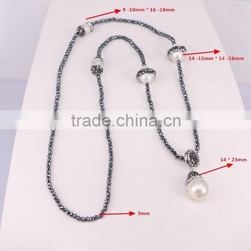 Natural Gem Pearl Necklace, with 3mm Hematite Beads Necklace, Drop Pearl Pendant Charm, Druzy Fashion Gemstone Necklace