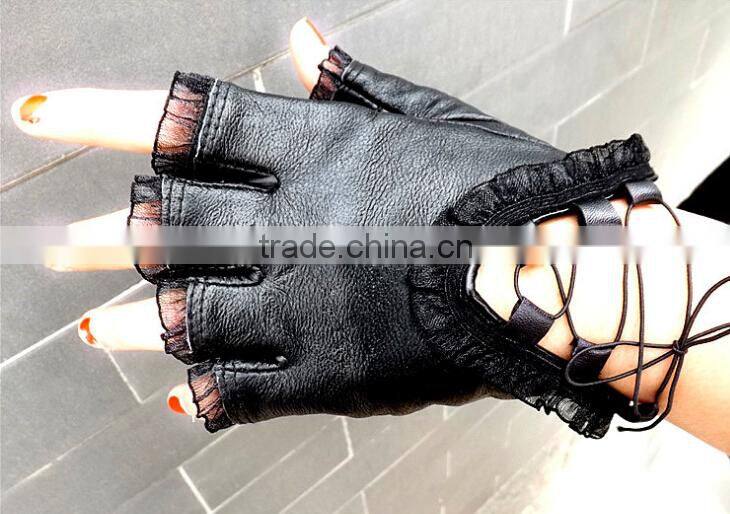 Women Black Lace Gloves Half Finger Soft Genuine Sheepskin Leather Gloves Ladies Dance Costume Sexy driving Gloves
