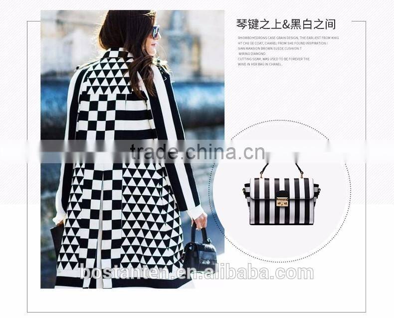 Striped design women handbag leather tote bag lock metal buckle