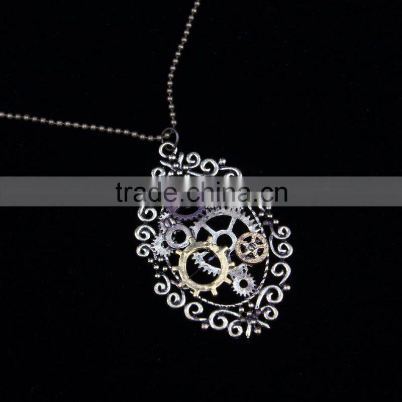 New design steampunk gear cameo pendant statement necklace 2015 yiwu fashion imitation jewelry hot sale