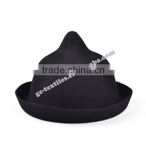 hot new products for 2014 Fall and winter Pointy top curling woolen Fedora ladies hats felt cat ear hat wholesale for men with f