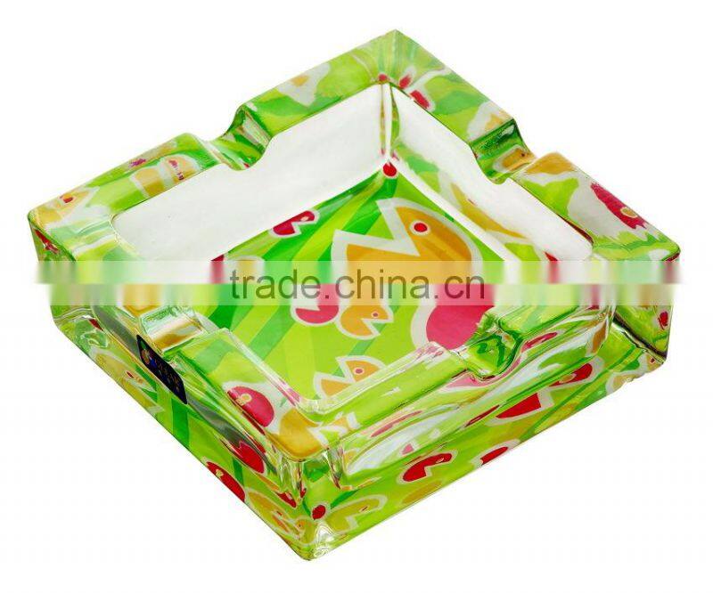 Glass ashtray with decal on bottom,high quality glass ashtray