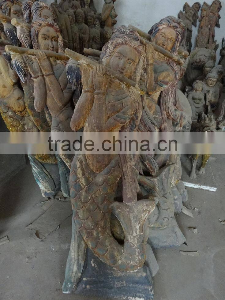 hot sell made wooden carving double mermaid,Antique wooden statues,Religious sculptures