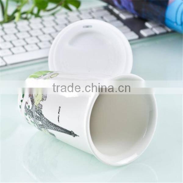 Ceramic double wall coffee cup with silicone cup lid