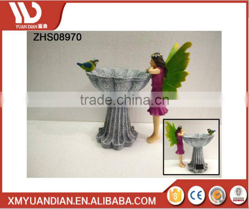 hand painted Fairy polyresin Craft Figurine Angel wings Garden Decoration Solar Powered Light with a bird and flower pot