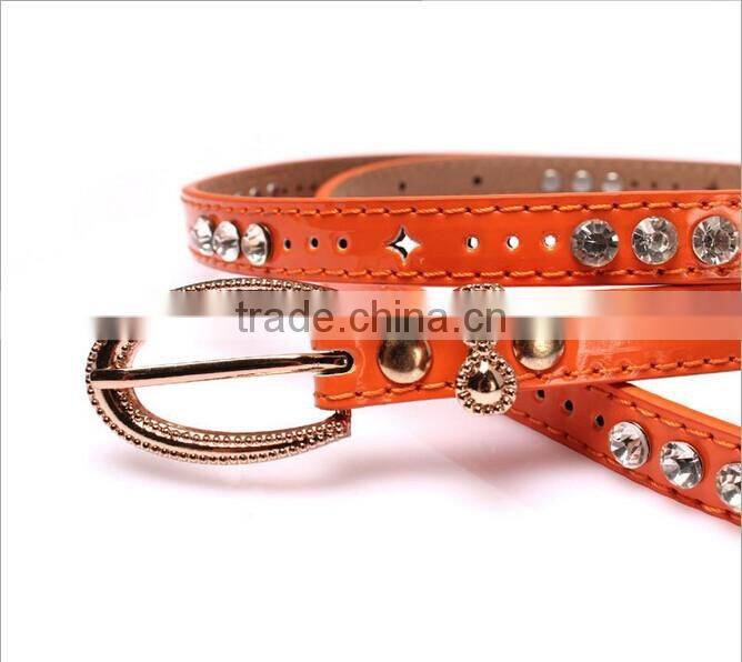 Fashion rhinestone decorated pin buckle sex girl thin orange PU waist belt