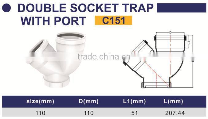 HIGH QUANLITY DOUBLE SOCKET TRAP WITH PORT OF PVC GB STANDARD EXPANDING FITTINGS FOR DRAINAGE WITH GASKET