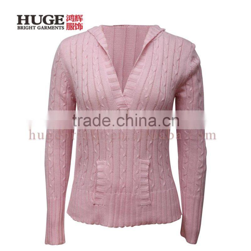 Cable Knit Hooded V Neck Sweater Women'S with Kangaroo pocket