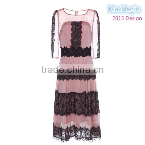 2015 latest half sleeve Lace patch silk light simple chiffon maxi dress