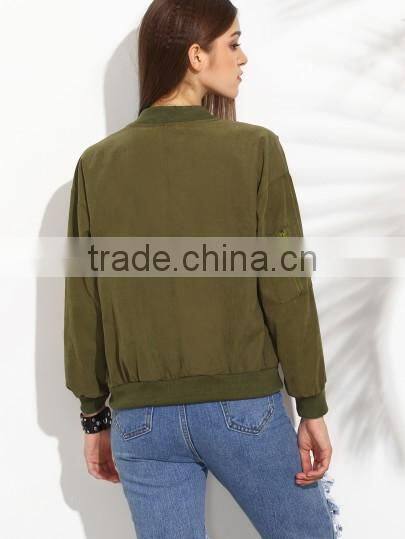 Olive Green Drop Shoulder ladies Bomber Jacket With Zip Pocket