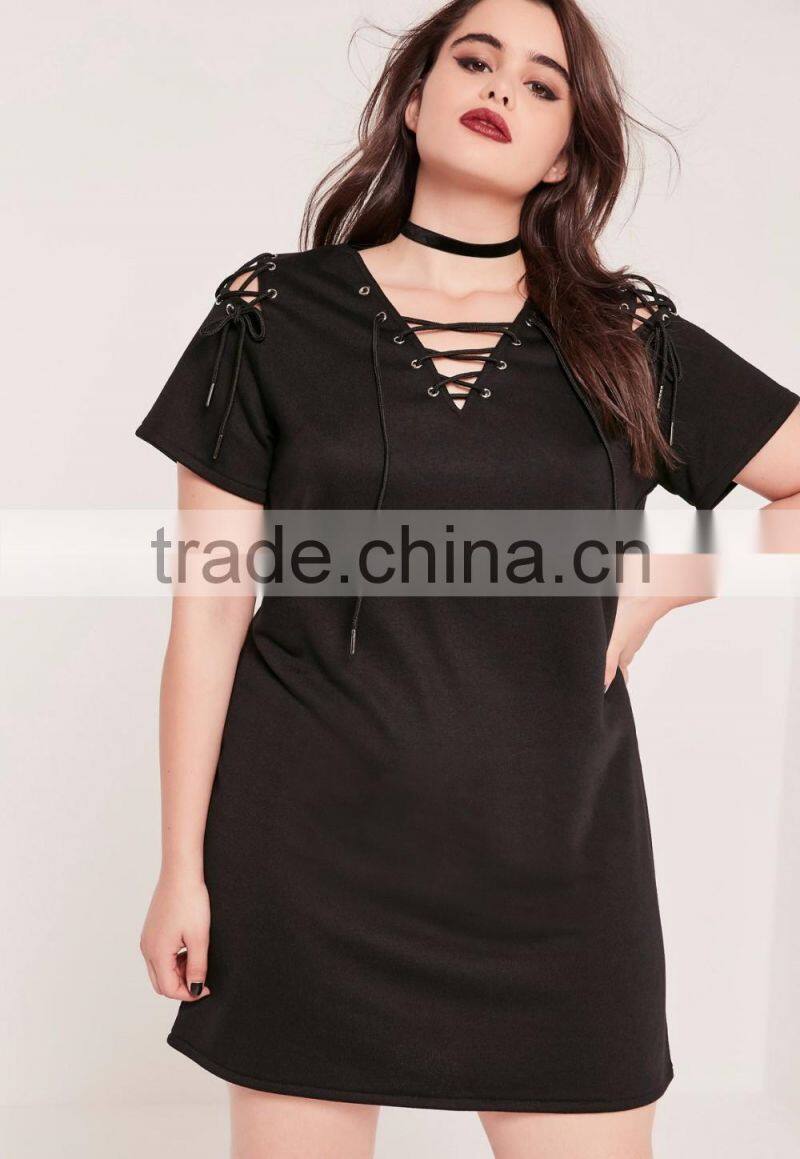 Plus Size Lace Up Jumper Black Dress Versatile Sexy V-neck Elegance Dress