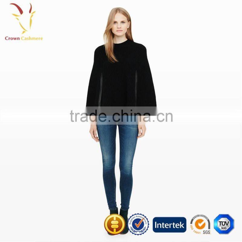 Solid Color Wholesale Wool Hand Knitted Poncho With Zipper