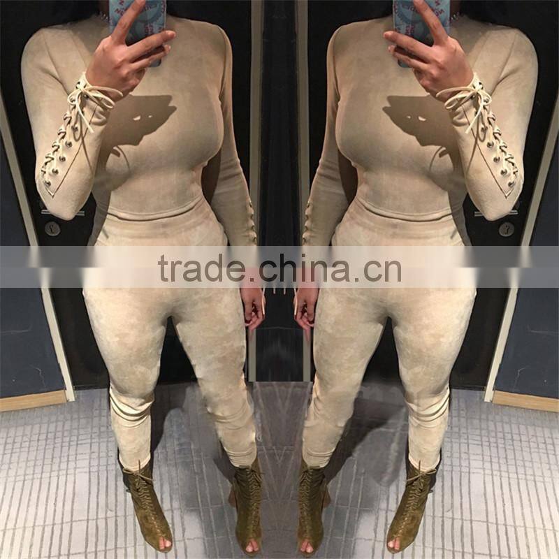 Runwaylover 074 New Style 2017 Ladies Fashion Two Piece Suits , Women Suede Crop Top And Tight Pants
