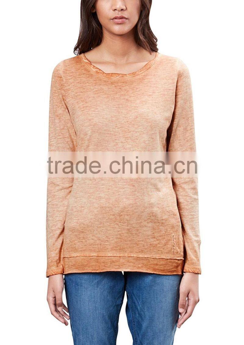 Women's long sleeve 100% cotton acid wash vintage t shirt