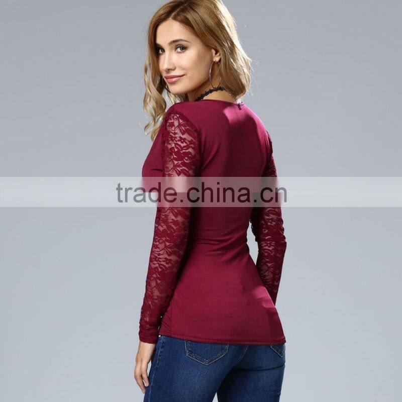 Clothes woman fashion long bell sleeve deep V neck lace blouse 2017