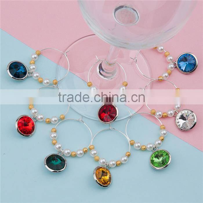 Glass Birthstone Hoop Earrings Gold Plated Acrylic Imitation Pearl Round At Random Rhinestone Wine Glass Charm For Party