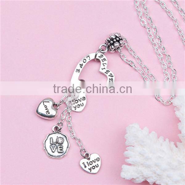 New Fashion Antique Silver Heart Pendants " I Love you & BELIEVE LOVE HOPE & Love" Carved Link Cable Chain Handmade Necklace