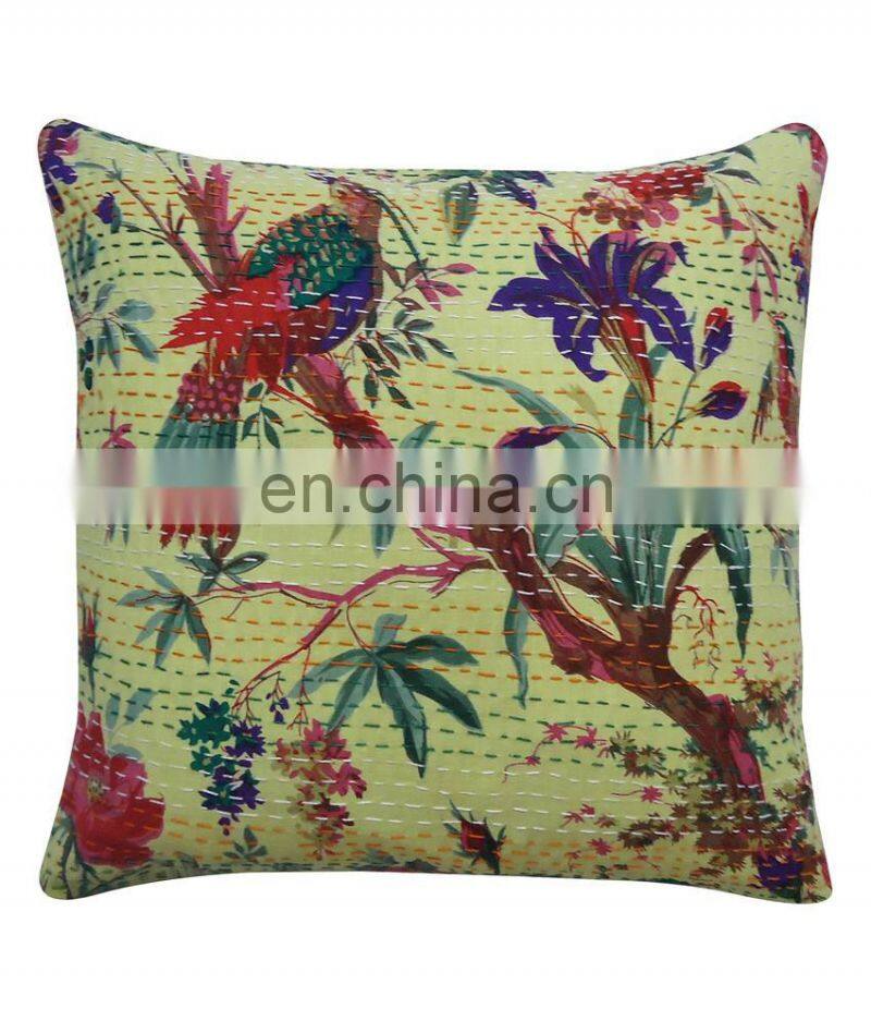 Bird Print Decorative Kantha Floral Cushion Covers Indian Handmade Kantha Cushion Cover Throw