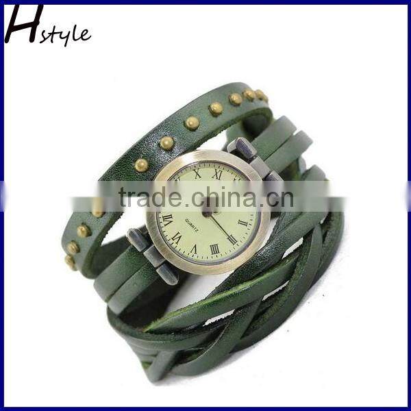 Fashion Rivet Weave Wrap Around Leather Retro quartz Bracelet Woman Wrist Watch Red WP004