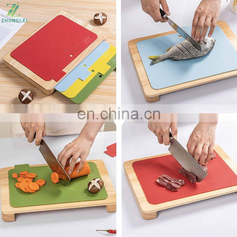 Wood Cutting Board with Mats 4 Color Coded Plastic Cutting Mats Set with Food Icons Non Slip Chopping Board for Kitchen