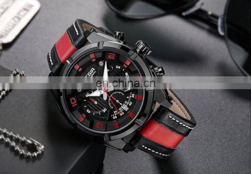 MEGIR 2076 Men'S Fashion Casual Quartz Movement Auto Date Leather Band Analog Watch Band Leather