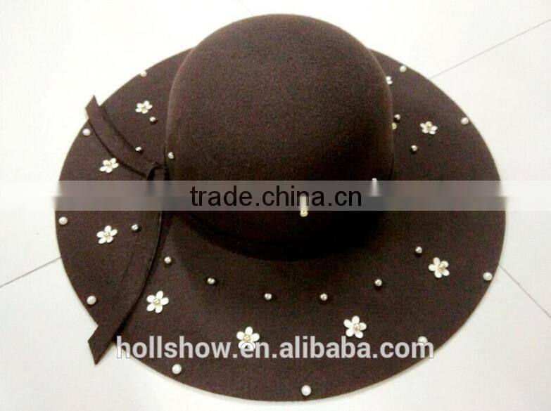 Fashion Women Flower Pearl Beaded Large Brim Trilby Fedora Hats with Ribbon