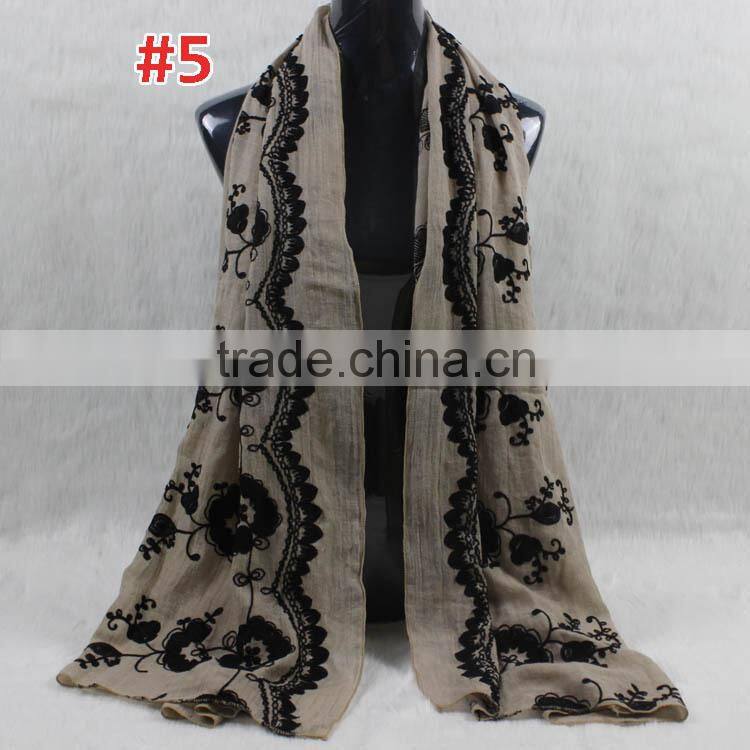 New Style Cotton Viscose Beautiful Flower Design Embroidery Shawl Scarf
