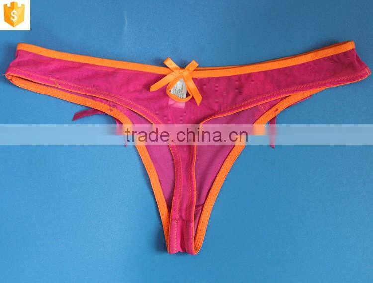Satin bow sexy lace panty,pink women thong ubderwear