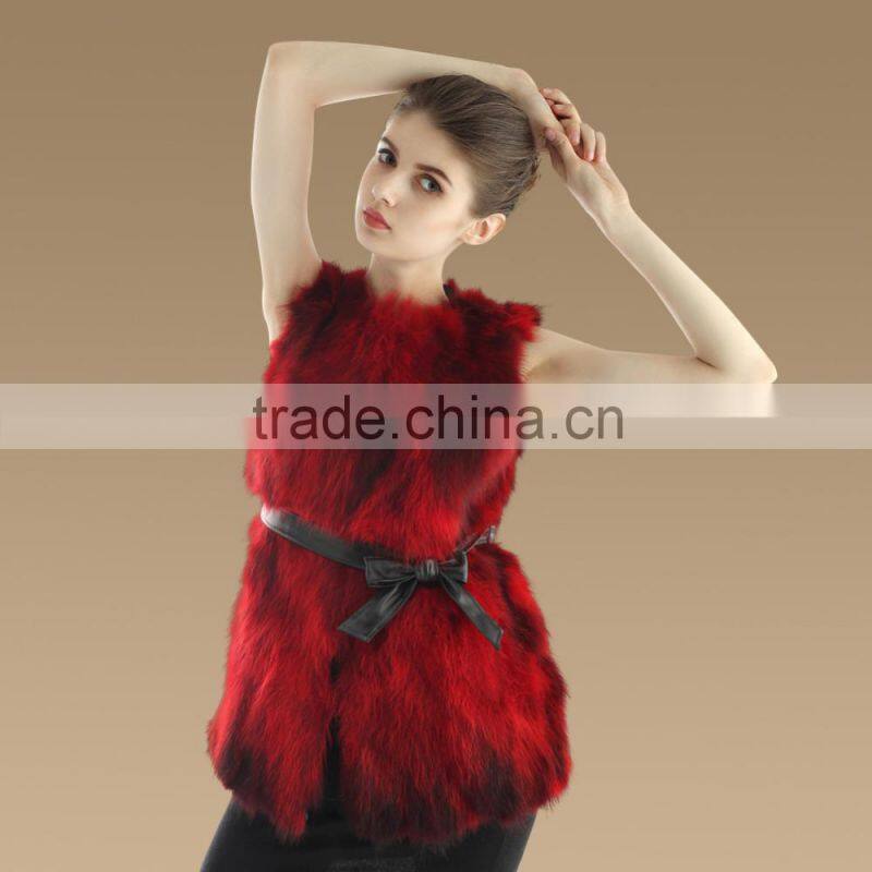 Long style 2015 Winter Elegant red color Lady Real Raccoon Fur Vest with Belt