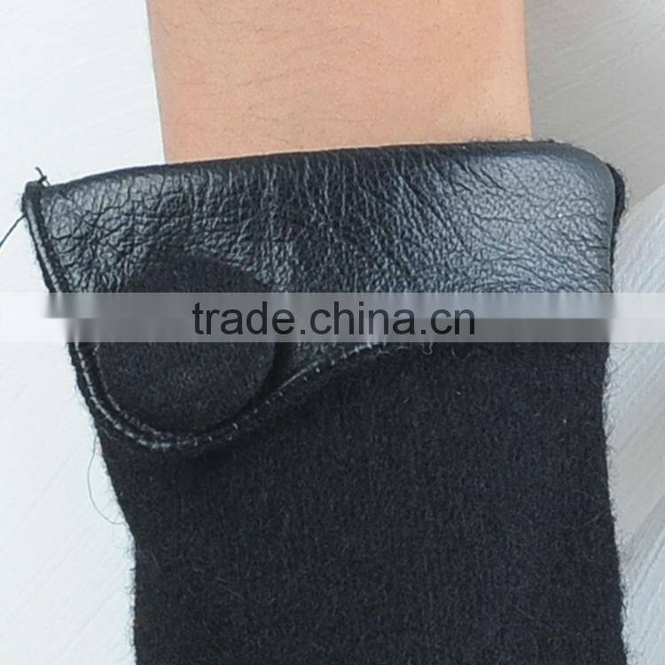 womens unlined classical button woolen gloves with leather cuff