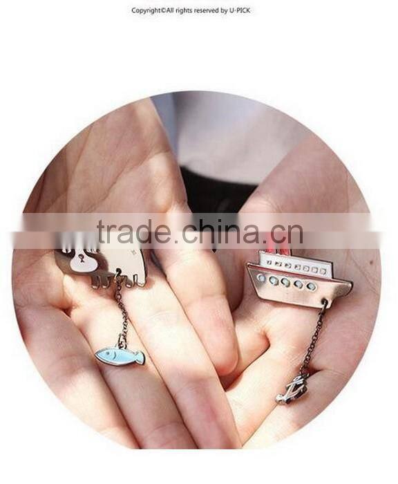 Cat with fish capel pins,Boat with anchor Capel pins, Fashion Capel Enamel Pins