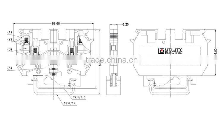 Dinrail terminal block JUT1-4/2-2PE Yellow Green Two-in Two-out Insulation Landing Gound Screw Terminal Block 0.2-4mm 32A
