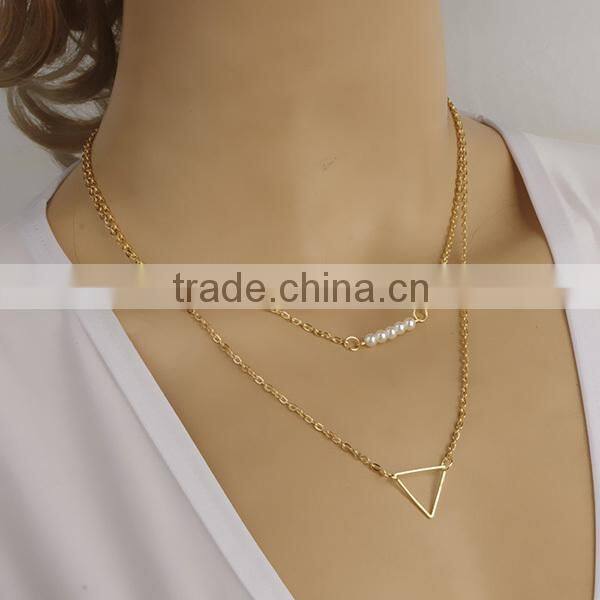 double layers thin simple gold long chain pearl necklace