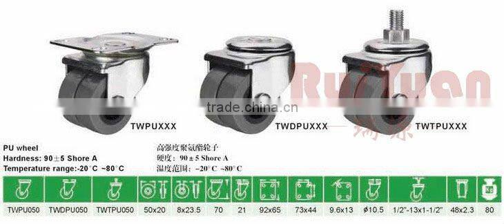 2" diameter Dual Wheel Caster with a PU wheel, Top Plate connector, and Plain bore