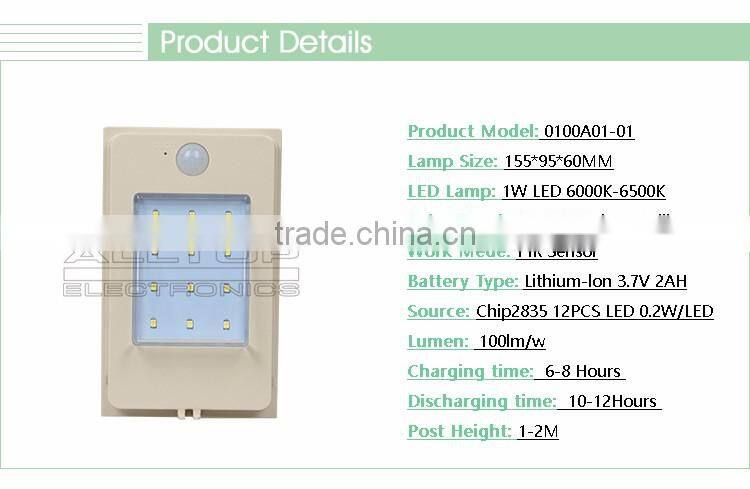 1W High lumen high quality integrated solar power outdoor led wall light