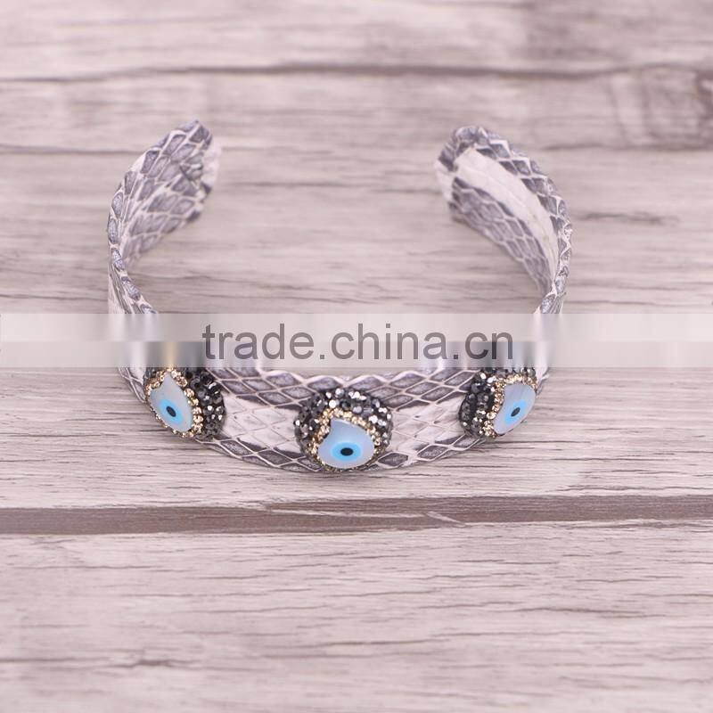 White Snakeskin Bangle with Pave Crystal Evil Eye Shell Bead Leather Width 20mm Cuff Bangles