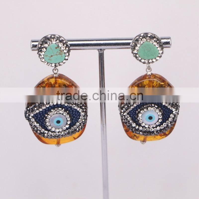 Charm Resin with Evil Eye Shell Stud Earrings, Crystal Zircon Turquoise Stud Gem Earrings